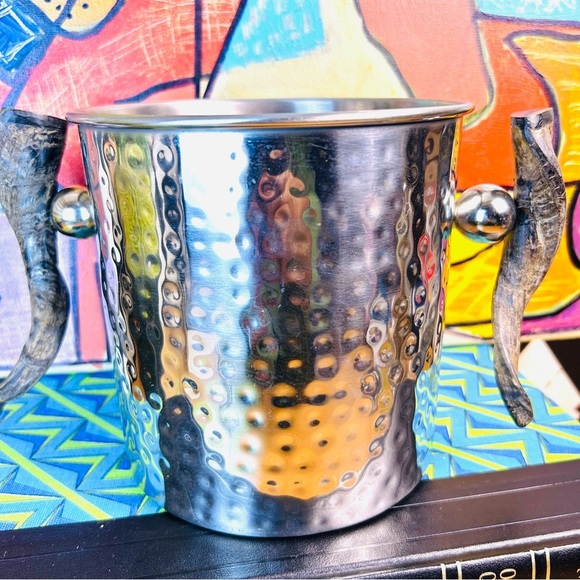 Hammered Stainless Steel Ice Bucket, Rustic Horn-Handle Lodge Cabin Style Bar